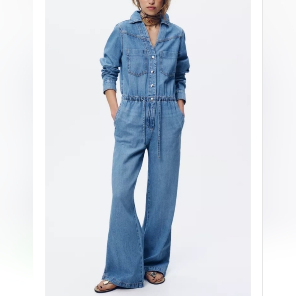 Zara Z1975 Adjustable Waist Blue Denim Jumpsuit Sz-XS